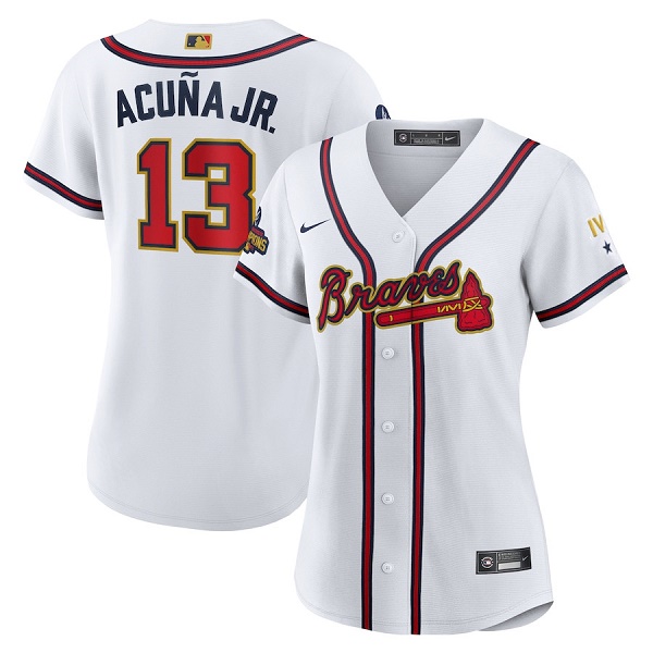 Women's Atlanta Braves #13 Ronald Acuña Jr 2022 White/Gold World Series Champions Program Stitched Jersey(Run Small)